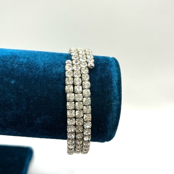 Rhinestone Wrap Bracelet Triple Stranded Silver tone Bright Shiny Bangle Style - Picture 5 of 8